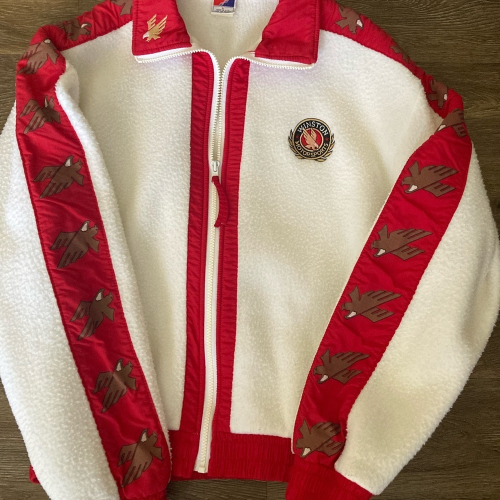 Vintage WINSTON MOTORSPORTS FULL ZIP FLEECE JACKET Large WHITE NASCAR RACING 90s